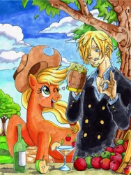 Size: 619x825 | Tagged: apple, applejack, appletini, artist:irie-mangastudios, cider, crossover, derpibooru import, food, micro, one eye closed, one piece, safe, vinsmoke sanji, wink, zap apple