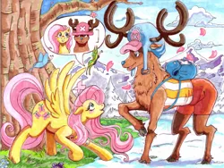 Size: 792x595 | Tagged: artist:irie-mangastudios, butterfly, choppershy, crossover, crossover shipping, deer, derpibooru import, female, fluttershy, male, one piece, reindeer, safe, shipping, straight, tony tony chopper, traditional art