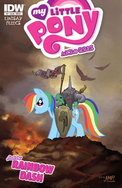 Size: 476x733 | Tagged: safe, artist:tonyfleecs, derpibooru import, idw, official, rainbow dash, tank, bird, pegasus, pony, turtle, spoiler:comicm02, armor, comic, cover, death dealer, flag, frank frazetta, frown, glare, helmet, looking at you, micro-series, official comic, riding, shield