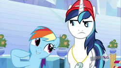 Size: 423x238 | Tagged: animated, derpibooru import, floppy ears, frown, games ponies play, out of context, rainbow dash, safe, screencap, shining armor, shining armor is not amused, smiling, unamused, wat, whistle