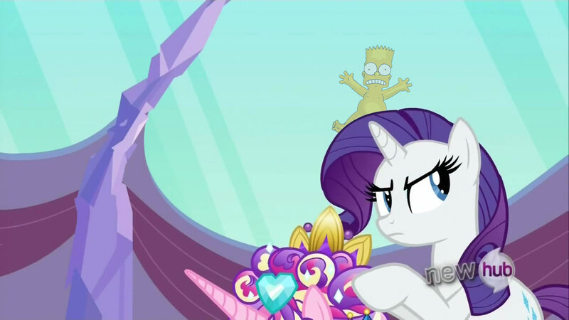 Size: 1280x720 | Tagged: safe, derpibooru import, edit, screencap, princess cadance, rarity, games ponies play, bart simpson, ceremonial headdress, crossover, image, jpeg, nudity, strategically covered, the simpsons, the simpsons movie