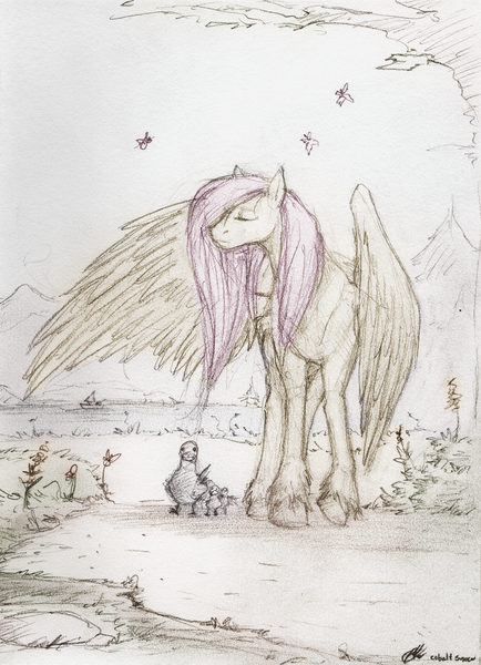 Size: 1786x2471 | Tagged: artist:cobaltsnow, bird, derpibooru import, duck, duckling, fluttershy, safe, traditional art