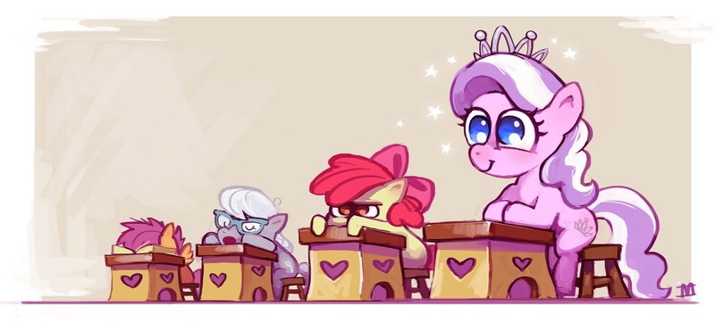 Size: 1349x611 | Tagged: apple bloom, artist:cmaggot, bored, cute, derpibooru import, desk, diamondbetes, diamond tiara, faceplant, family appreciation day, safe, scootaloo, silver spoon