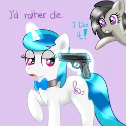 Size: 1000x1000 | Tagged: safe, artist:verminshy, derpibooru import, octavia melody, vinyl scratch, earth pony, pony, unicorn, bowtie, comic, cutie mark, female, glowing horn, gun, handgun, harlem shake, hooves, horn, levitation, magic, mare, open mouth, pistol, simple background, teeth, telekinesis, tumblr, weapon