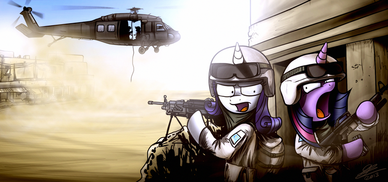 Size: 2256x1060 | Tagged: artist:dori-to, assault rifle, black hawk down, derpibooru import, gun, helicopter, m16, m249, machine gun, military, rarity, rifle, safe, soldier, twilight sparkle, uh-60, weapon