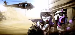 Size: 2256x1060 | Tagged: artist:dori-to, assault rifle, black hawk down, derpibooru import, gun, helicopter, m16, m249, machine gun, military, rarity, rifle, safe, soldier, twilight sparkle, uh-60, weapon