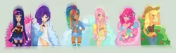 Size: 1810x547 | Tagged: applejack, artist:dahli-lama, derpibooru import, fluttershy, human, humanized, mane six, pinkie pie, rainbow dash, rarity, safe, twilight sparkle, winged humanization, wings