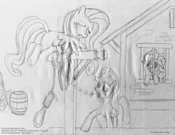 Size: 1100x851 | Tagged: applejack, artist:virgarainboom, crying, derpibooru import, execution, fanfic:cupcakes, fluttershy, gallows, hanging (by neck), insanity, monochrome, noose, pinkie pie, safe, traditional art