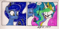 Size: 1394x703 | Tagged: artist:newyorkx3, comic, derpibooru import, face doodle, facial hair, female, inkwell, moustache, onomatopoeia, prank, princess celestia, princess luna, safe, siblings, sisters, sleeping, sound effects, this will end in tears and/or a journey to the moon, traditional art, trolluna, wrong eye color, zzz