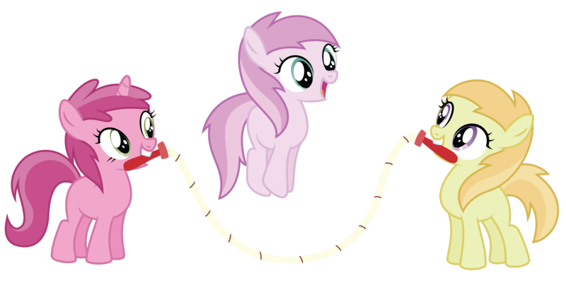 Size: 8000x4000 | Tagged: safe, artist:midnight--blitz, derpibooru import, applecore, noi, piña colada, ruby pinch, earth pony, pony, lesson zero, background pony, female, filly, foal, jump rope, jumping, mouth hold, simple background, skipping, smiling, transparent, transparent background, trio, vector