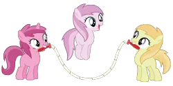 Size: 8000x4000 | Tagged: safe, artist:midnight--blitz, derpibooru import, applecore, noi, piña colada, ruby pinch, earth pony, pony, lesson zero, background pony, female, filly, foal, jump rope, jumping, mouth hold, simple background, skipping, smiling, transparent, transparent background, trio, vector