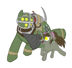 Size: 1638x1552 | Tagged: safe, artist:itsaaudraw, derpibooru import, ponified, pony, big daddy, bioshock, crossover, little sister