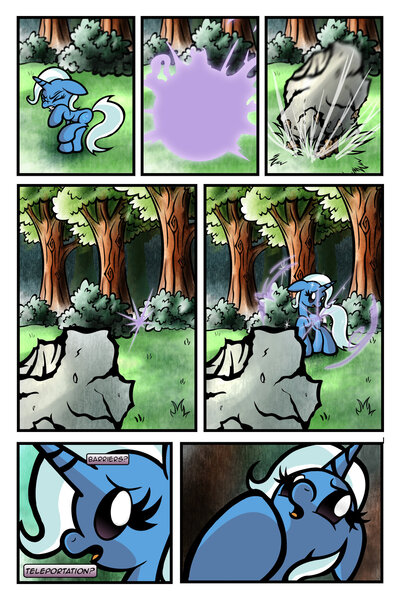 Size: 1024x1536 | Tagged: safe, artist:bronycurious, derpibooru import, trixie, pony, unicorn, comic, female, magic, mare, recovery, rock, solo, teleportation