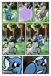 Size: 1024x1536 | Tagged: safe, artist:bronycurious, derpibooru import, trixie, pony, unicorn, comic, female, magic, mare, recovery, rock, solo, teleportation