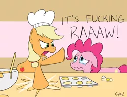 Size: 1700x1300 | Tagged: safe, artist:rapidstrike, derpibooru import, applejack, pinkie pie, earth pony, pony, angry, batter, bipedal, bowl, cooking, crying, duo, egg, eye contact, female, floppy ears, food, frown, glare, gordon ramsay, hell's kitchen, looking at each other, mare, open mouth, raised hoof, sad, simple background, stomping, text, vulgar, wavy mouth, yelling