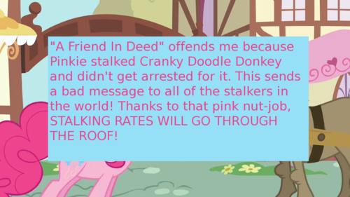 Size: 500x281 | Tagged: safe, derpibooru import, screencap, cranky doodle donkey, pinkie pie, donkey, earth pony, pony, offensive ponies, a friend in deed, meme, meta, ponyville, text