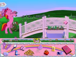 Size: 800x600 | Tagged: apple, book, bridge, butterfly, camera, candy, derpibooru import, food, g2, juice, juice box, lollipop, meat, medicine, my little pony friendship gardens, oc, pc game, pepperoni, pepperoni pizza, pizza, rear, rearing, safe, video game