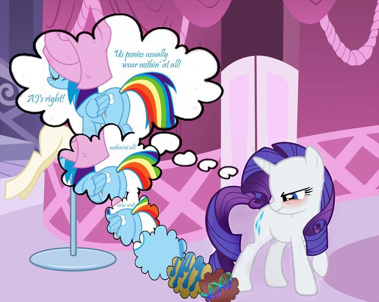 Size: 1408x1120 | Tagged: safe, derpibooru import, edit, edited screencap, screencap, rainbow dash, rarity, pegasus, pony, unicorn, angry, blushing, butt, carousel boutique, close-up, dna, embarrassed, eyes closed, female, frown, fur, glare, inside coat, lesbian, looking back, looking down, mare, nothing at all, parody, plot, raised hoof, raridash, reference, shipping, simpsons did it, smiling, solo, stupid sexy flanders, stupid sexy rainbow dash, text, the simpsons, thought bubble, towel, we don't normally wear clothes, wet, wet mane