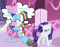 Size: 1408x1120 | Tagged: safe, derpibooru import, edit, edited screencap, screencap, rainbow dash, rarity, pegasus, pony, unicorn, angry, blushing, butt, carousel boutique, close-up, dna, embarrassed, eyes closed, female, frown, fur, glare, inside coat, lesbian, looking back, looking down, mare, nothing at all, parody, plot, raised hoof, raridash, reference, shipping, simpsons did it, smiling, solo, stupid sexy flanders, stupid sexy rainbow dash, text, the simpsons, thought bubble, towel, we don't normally wear clothes, wet, wet mane