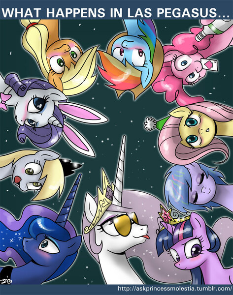 Size: 700x888 | Tagged: dead source, safe, artist:johnjoseco, derpibooru import, applejack, derpy hooves, fluttershy, princess celestia, princess luna, rainbow dash, rarity, twilight sparkle, twilight sparkle (alicorn), oc, oc:sleepy skies, alicorn, pony, ask gaming princess luna, ask princess molestia, gamer luna, princess molestia, blushing, image, jpeg, las pegasus