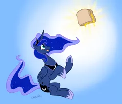 Size: 1829x1560 | Tagged: safe, artist:chocoscotch, artist:kure, derpibooru import, princess luna, alicorn, pony, cheese, food, glorious grilled cheese, grilled cheese, sitting, solo