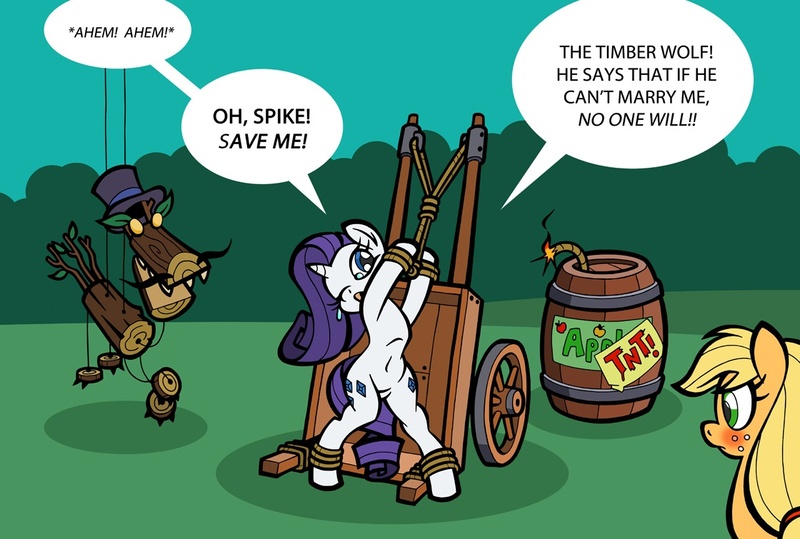 Size: 1120x755 | Tagged: safe, artist:toonbat, derpibooru import, applejack, rarity, pony, spike at your service, aroused, barrel, belly button, bipedal, blatant lies, blushing, bondage, cart, crying, damsel in distress, dastardly whiplash, explosives, eyes on the prize, facial hair, featureless crotch, female, happy bondage, hat, lesbian, moustache, puppet, rarijack, roleplaying, rope, rope bondage, seems legit, shipping, the things we do for love, tied up, timber wolf puppet, tnt, top hat