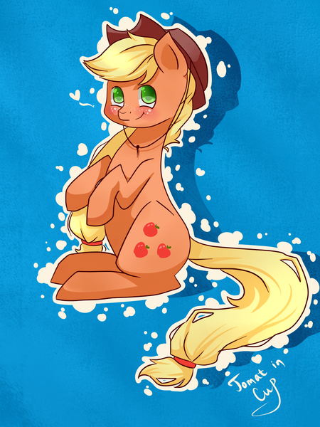 Size: 1200x1600 | Tagged: safe, artist:tomat-in-cup, derpibooru import, applejack, earth pony, pony, female, freckles, hat, heart, mare, signature, sitting, smiling, solo