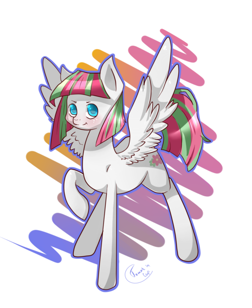 Size: 1377x1681 | Tagged: safe, artist:tomat-in-cup, derpibooru import, blossomforth, pegasus, pony, female, mare, raised hoof, simple background, smiling, solo, transparent background