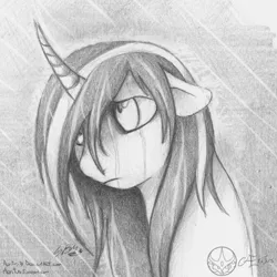 Size: 1069x1069 | Tagged: artist:aeritus, bust, derpibooru import, floppy ears, frown, grayscale, monochrome, oc, oc:deli neandi, portrait, rain, sad, safe, solo, traditional art, unofficial characters only