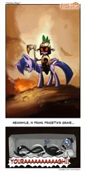 Size: 796x1601 | Tagged: artist:izra, axe, coffin, death dealer, derpibooru import, fine art parody, frank frazetta, frown, glare, glowing eyes, helmet, howie long scream, human, looking at you, open mouth, rarity, riding, safe, screaming, shield, spike, twilight sparkle, weapon, wide eyes