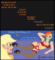 Size: 856x933 | Tagged: suggestive, artist:gutovi, derpibooru import, applejack, rainbow dash, human, 2 panel comic, appledash, belly button, bra, breasts, busty rainbow dash, clothes, comic, eyeshadow, female, fishnets, garter belt, garters, high heels, humanized, lesbian, lingerie, lipstick, makeup, out of character, panties, red underwear, shipping, shoes, underwear