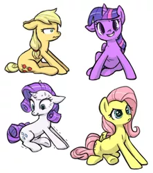 Size: 650x735 | Tagged: safe, artist:pimmy, derpibooru import, applejack, fluttershy, rarity, twilight sparkle, twilight sparkle (alicorn), alicorn, pony, awkward, big eyes, determined, female, floppy ears, horse problems, horses doing horse things, looking at you, mare, scrunchy face, sheepish grin, simple background, sitting, sweat, uncomfortable