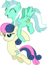 Size: 4000x5505 | Tagged: safe, artist:artpwny, derpibooru import, bon bon, lyra heartstrings, sweetie drops, alicorn, earth pony, pony, absurd resolution, alicornified, bon bon is not amused, carrying, duo, eyes closed, flying, frown, happy, lyracorn, race swap, simple background, smiling, transparent background, unamused, vector