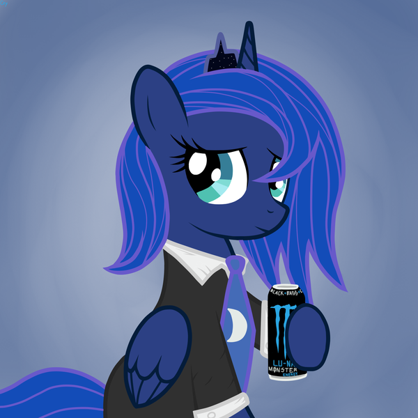 Size: 1500x1500 | Tagged: safe, artist:blackbasscry, derpibooru import, princess luna, alicorn, pony, clothes, energy drink, monster energy, necktie, shirt, solo