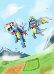 Size: 1700x2338 | Tagged: safe, artist:mlj-lucarias, derpibooru import, rainbow dash, spike, dragon, clothes, female, flying, male, scenery, smiley face, tongue out, uniform, winged spike, wings, wonderbolts, wonderbolts uniform