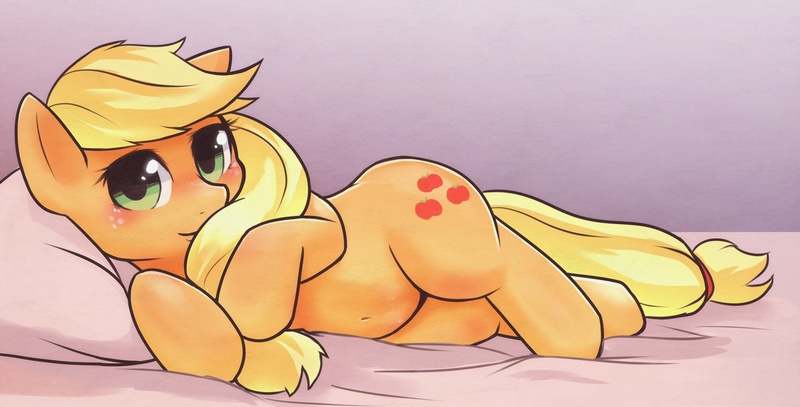 Size: 1300x661 | Tagged: applejack, artist:apricolor, bed, belly button, blushing, crotchboobs, cute, delicious flat crotch, derpibooru import, female, jackabetes, looking at you, nipples, nudity, pillow, pixiv, questionable, shy, side, solo, solo female, teats