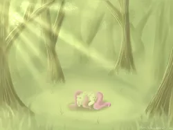 Size: 6400x4800 | Tagged: absurd resolution, artist:bubblyblackbird, clearing, crepuscular rays, derpibooru import, eyes closed, fluttershy, folded wings, forest, prone, safe, sleeping, solo, tree, wings