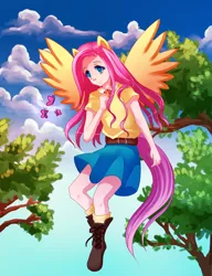 Size: 2000x2600 | Tagged: artist:nanidani, derpibooru import, eared humanization, fluttershy, human, humanized, safe, solo, tailed humanization, winged humanization, wings