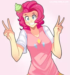 Size: 1145x1231 | Tagged: artist:sallymon, derpibooru import, human, humanized, peace sign, pink background, pinkie pie, safe, simple background, smiling, solo