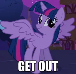 Size: 586x569 | Tagged: safe, derpibooru import, edit, edited screencap, screencap, twilight sparkle, twilight sparkle (alicorn), alicorn, pony, magical mystery cure, caption, faic, female, get out, image macro, mare, reaction image, smirk, text, twiface, wrong neighborhood