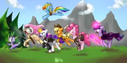 Size: 2000x1000 | Tagged: applejack, armor, artist:atrixy, axe, chase, crossover, derpibooru import, dovahshy, fluttershy, hammer, helmet, magic, pinkie pie, rainbow dash, rarity, safe, skyrim, spike, staff, sword, the elder scrolls, twilight sparkle, weapon