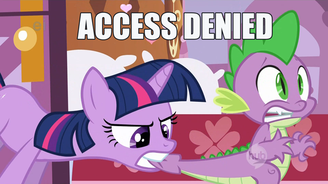 Size: 640x360 | Tagged: safe, derpibooru import, edit, edited screencap, screencap, spike, twilight sparkle, dragon, pony, unicorn, green isn't your color, biting, caption, clenched teeth, denied, duo, ei, female, hub logo, image macro, male, mare, mouth hold, tail, tail bite, tail pull, text