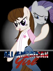 Size: 768x1024 | Tagged: safe, artist:rob barba, derpibooru import, rarity, oc, oc:dj martinez, pony, fanfic, all-american girl, bipedal, clothes, fanfic art, fanfic cover, jersey, logo, pants, poster