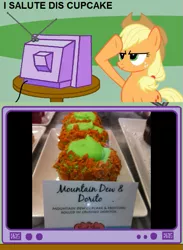 Size: 563x771 | Tagged: applejack, chips, cupcake, derpibooru import, doritos, exploitable meme, food, meme, mountain dew, obligatory pony, rainbow dash salutes, safe, salute, tv meme