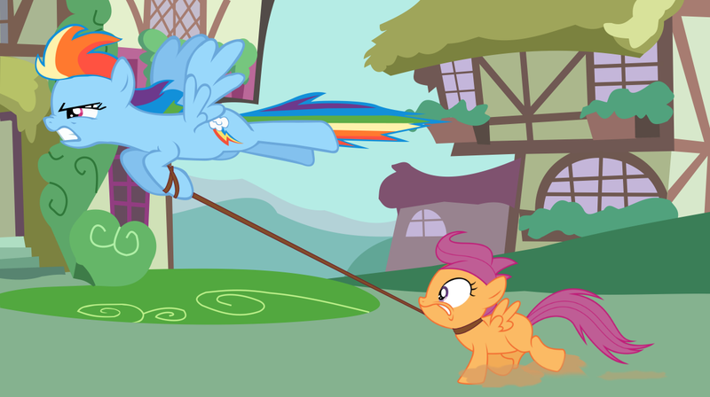 Size: 1200x672 | Tagged: abuse, derpibooru import, leash, rainbow dash, safe, scootabuse, scootaloo, scootaloo can't fly