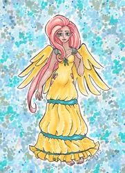 Size: 869x1200 | Tagged: artist:nickyflamingo, derpibooru import, fluttershy, human, humanized, safe, solo, traditional art, winged humanization, wings