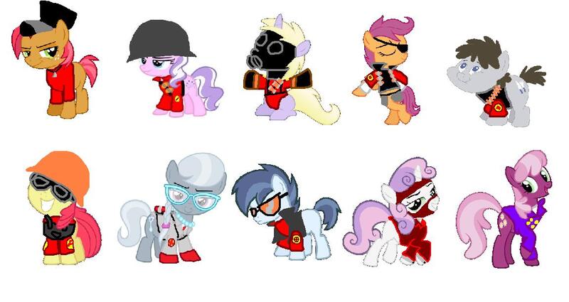 Size: 1151x612 | Tagged: apple bloom, babs scout, babs seed, cheerilee, demoloo, demoman, derpibooru import, diamond tiara, dinky hooves, engie bloom, engineer, heavy, medic, ms paint, pyro, safe, scootaloo, scout, shady daze, silver medic, silver spoon, sniper, soldier, splotcher, spy, sweetie belle, sweetie spy, team fortress 2, the administrator, truffle shuffle