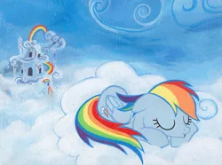 Size: 750x557 | Tagged: artist:thepingaslord, cloud, cloudy, derpibooru import, rainbow dash, safe, sleeping, solo, traditional art