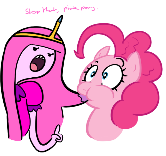 Size: 682x642 | Tagged: adventure time, artist:elslowmo, artist:shoutingisfun, biting, crossover, derpibooru import, duo, hair bite, nom, pinkie pie, safe