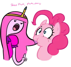 Size: 682x642 | Tagged: adventure time, artist:elslowmo, artist:shoutingisfun, biting, crossover, derpibooru import, duo, hair bite, nom, pinkie pie, safe